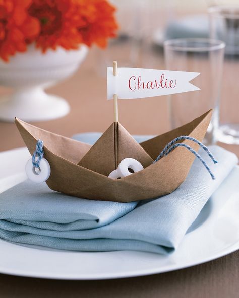 cards Diy Place Cards, Young Wedding, Maritime Decor, Nautical Wedding Theme, Nautical Birthday, Nautical Party, 카드 디자인, Paper Boat, Nautical Baby Shower