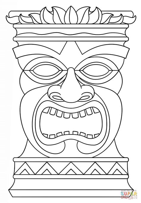 Hawaiian Tiki Masks Coloring Pages Tiki Coloring Pages, Totem Koh Lanta, Mask Coloring Page, Tiki Faces, Tiki Man, Tiki Totem, Hawaiian Luau Party, Luau Theme Party, Hawaiian Birthday Party