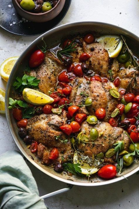 This Chicken Provencal Skillet is a simple, yet incredibly flavorful 30-minute meal, perfect for weeknight dinners or for entertaining guests! It's wonderfully bright, herbaceous, and savory, and it's filled with so many good things: shallots, garlic, cherry tomatoes, olives, white wine, lemon, and plenty of fresh herbs. It's great served over couscous, rice, pasta, potatoes, or alongside a big salad! #chicken #provencal #french #skillet #dinner #weeknight Green Olive Pasta, Chicken Provencal, French Chicken Recipes, Chicken Delight, Salad Chicken, Rice Pasta, Big Salad, Chicken Dinners, Dinner Inspiration