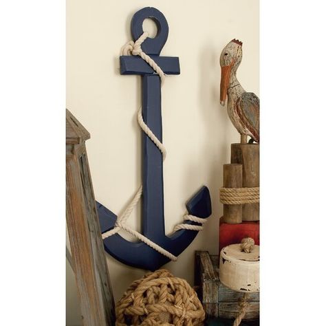 Breakwater Bay Wetzel Ship Wheel Wall Décor | Wayfair Wooden Anchor, Anchor Wall Decor, Wood Anchor, Navy Blue Walls, Coastal Wall Decor, Rope Wrapped, Nails And Screws, Blue Wood, Jute Rope