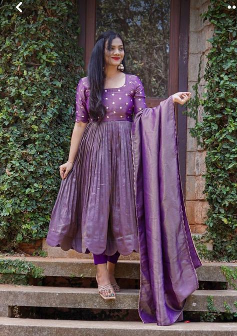 Pattu Anarkali Dress Designs, Long Length Dresses Indian, Pattu Saree Dress Designs, Pattu Anarkali Dress, Anarkali Dress Simple, Long Frocks For Women, Frock Designs For Women, Dress Designs For Stitching, Kurtis Design