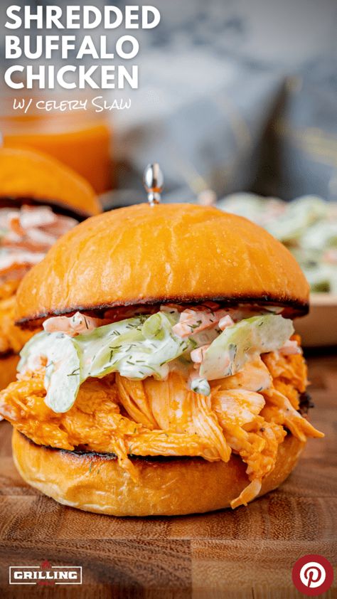 shredded buffalo chicken sandwich with celery slaw Celery Slaw, Sour Cream Ranch Dressing, Buffalo Chicken Burgers, Shredded Chicken Sandwiches, Shredded Buffalo Chicken, Pulled Chicken Sandwiches, Buffalo Chicken Sandwiches, Easy Grilling Recipes, Food Blogging