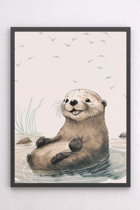 Enhance the beauty of your home with this gorgeous otter wall art digital print wall art. This printable decor captures the essence of the otter's carefree spirit, making it the perfect addition to any nursery, bedroom and bathroom in need of a touch of whimsy. 🦦 Otter Drawing Wallpaper, River Nursery Theme, Otter Themed Nursery, Sea Otter Nursery, Sea Otter Nursery Theme, Otter Nursery, Otter Decoration, Watercolor Otter Painting, Otter Family Drawing