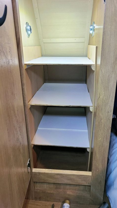 If you have a small closet but need a lot of storage, try these no drill shelves. Step by step directions and tips if you don't have tools. #MyRepurposedLife #DIY #closet #shelves #renters #campers No Drill Shelves, Small Closet Solutions, Camper Organization Travel Trailers, Diy Closet Shelves, Camper Trailer Remodel, Camper Organization, Camper Hacks, Travel Trailer Camping, Diy Camper Remodel