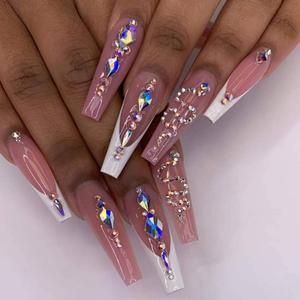 Press On Nails Coffin, Press On Nails Long, Luxury Press On Nails, Nails Design With Rhinestones, Ballerina Nails, Diamond Nails, Nails Long, Crystal Nails, Silver Nails