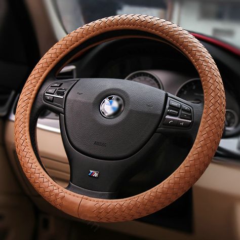 $59.48 High Quality Woven Genuine Leather Car Steering Wheel Covers 15 inch 38CM - Brown Leather Car Accessories, Leather Car Interior, Steering Wheel Cover Diy, Leather Steering Wheel Cover, Old American Cars, Honda Civic Hybrid, Leather Steering Wheel, Car Deco, Honda Civic Hatchback