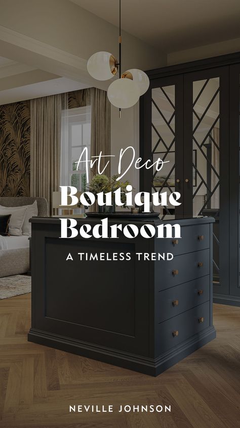 Inspired by the geometric patterns of the Art Deco era, these stunning bespoke fitted wardrobes and matching dressing room island make for a truly exquisite bedroom. Contrasting wonderfully against the natural light, the bold Charcoal colour adds wonderful ambience into the bedroom area, while every inch of space is maximised with bespoke storage that runs floor to ceiling. Click the link to discover how our experts create a place for everything in a Neville Johnson bespoke bedroom. Dressing Room Island, Neville Johnson, Bespoke Bedroom, Boutique Bedroom, Charcoal Colour, New Staircase, Classic Mirror, A Place For Everything, Wardrobe Room