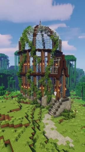 Study Tower Minecraft, Glass Bee Dome Minecraft, Cool Minecraft Builds Big, Water House Minecraft Ideas, Frog Cage Minecraft, Glass Greenhouse Minecraft, Green House In Minecraft, Upgrading Minecraft Village, Minecraft Parrot Sanctuary