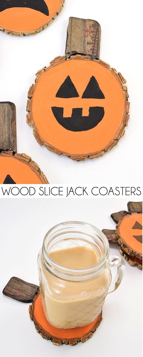 These jack-o-lantern pumpkin wood slice coasters are the cutest! Wood Slice Coasters, Make A Paper Flower, Pumpkin Coasters, Kindness Cards, Halloween Class Party, Spider Crafts, Fall Arts And Crafts, Coaster Crafts, Easy Halloween Crafts