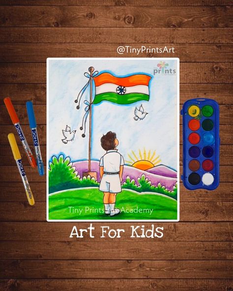 15 August Drawing For Kids, Republic Day Drawing For Kids Easy, Independent Day Drawing Ideas, 15th August Independence Day Drawing, Independence Day Drawing Ideas, Easy Kids Art Projects, Independence Day Art, Drawing Pictures For Kids, Drawing For Kids Easy