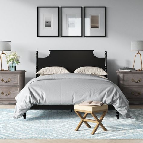 Lark Manor Angeletta Solid Wood Modern Platform Bed | Wayfair Black Vintage Bed, Wayfair Bedroom Ideas Modern, Black Bed Frame Bedroom Ideas Aesthetic, Bedrooms With Black Beds, Black Bed Bedroom Ideas, Black Wooden Bed Frame, Black Wood Bed Frame, Black Wooden Bed, Black Wood Bed