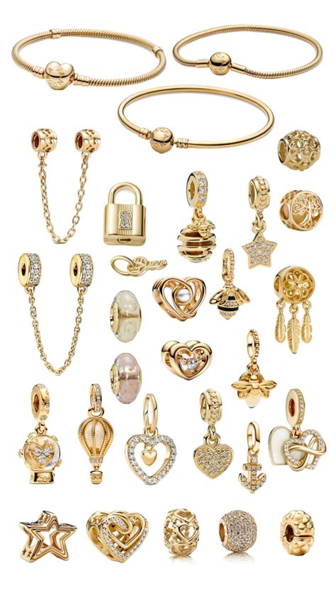 Pandora gold charm bracelet inspo #pandora #charms #gold #bracelet #jewelry #inspo Pandora Charms Gold, Making Beaded Jewelry, Pandora Bracelet Charms Ideas, Xoxo Jewelry, Pandora Bracelet Designs, Jewelry Closet, Dope Jewelry Accessories, Pandora Jewelry Charms, Pandora Gold