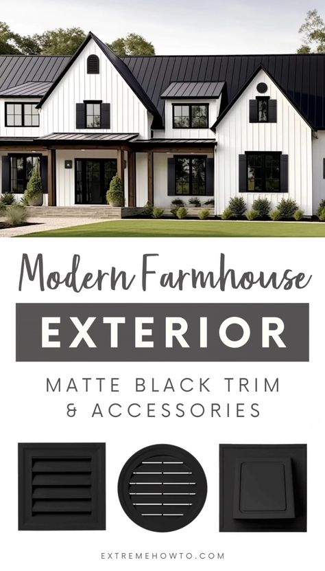 Matte black in home design has made its way from the inside out—and it’s here to stay. The new Ply Gem® line of exterior accessories in 498 Black is a bold and sleek high-contrast color that elevates exteriors with an eye-catching hue that won’t fade over time. Learn more about house colors, casa exterior inspiration, home improvement projects, farmhouse exterior design and using exterior house colors to add curb appeal at extremehowto.com! White House Iron Ore Trim, Black Soffit And Fascia White House, White And Black Farmhouse Exterior, Ranch Exterior Color Schemes, Black And White Exterior House, Black Farmhouse Exterior, Black Trim Exterior House, White House Black Trim, Vinyl Soffit