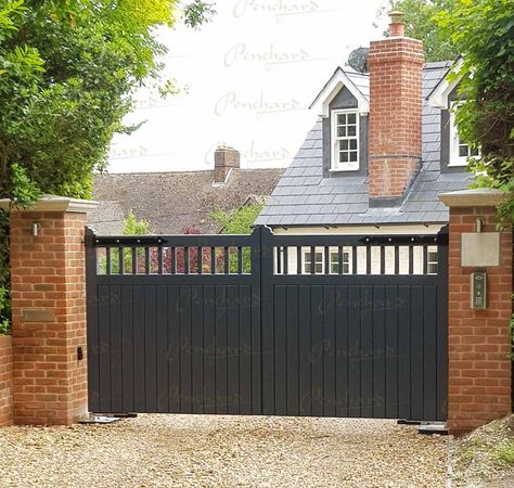 Electric Wooden Gates | Handcrafted Gates | Penchard UK Wooden Gate Driveway, Cottage Driveway Gate, Double Gates Driveway, House Gates, Driveway With Gate, Wooden Driveway Gates Diy, Wooden Entrance Gates, Driveway Gates Entrance, In And Out Driveway Ideas