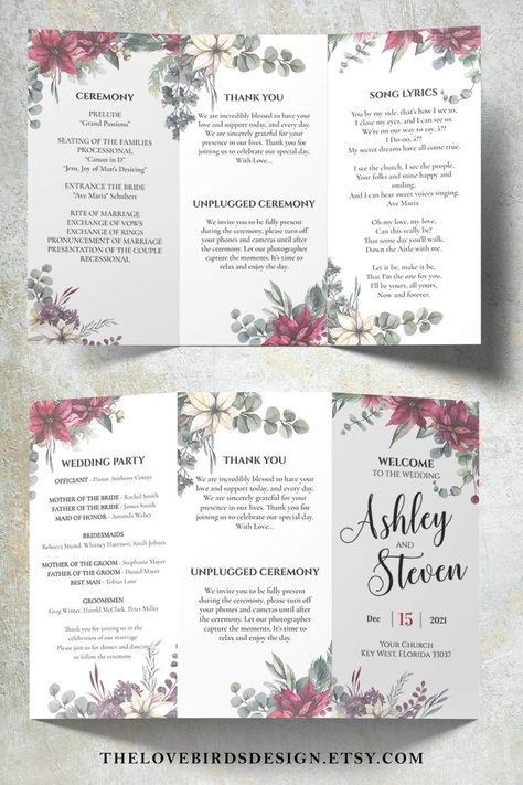 Chistmas Wedding Program Trifold Winter Wedding Program | Etsy Trifold Invitation, Winter Wedding Programs, Wedding Program Examples, Winter Themed Wedding, Ceremony Songs, Small Business Gifts, Christmas Program, Wedding Themes Winter, Winter Wedding Decorations