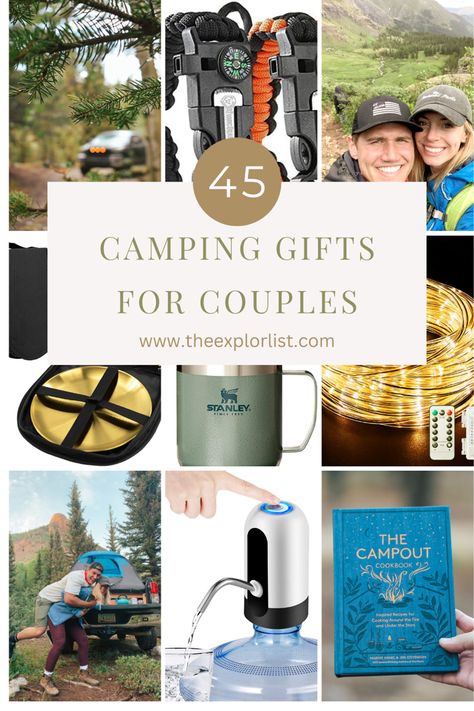 The BEST gifts for outdoorsy people and couples. Camping Gift Baskets, Camping Couples, Camping Gift Ideas, Couples Camping, Outdoorsy Gifts, Outdoorsy Couple, Gifts For Couples, Christmas Gifts For Couples, Camping Lovers