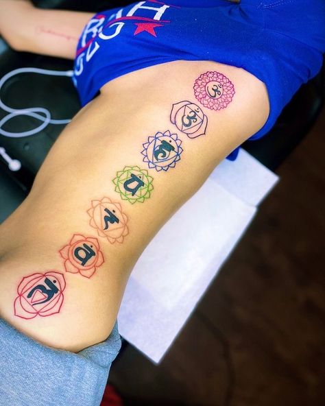 Chakra Inspired Tattoo, Tattoo Ideas Chakra, Chakra Tattoo Black Woman, Chakra Back Tattoo Black Women, Stomach Tats For Black Women, Spiritual Baddie Tattoos, Chakra Spine Tattoos For Women, Chakra Nails, 7 Chakras Tattoo