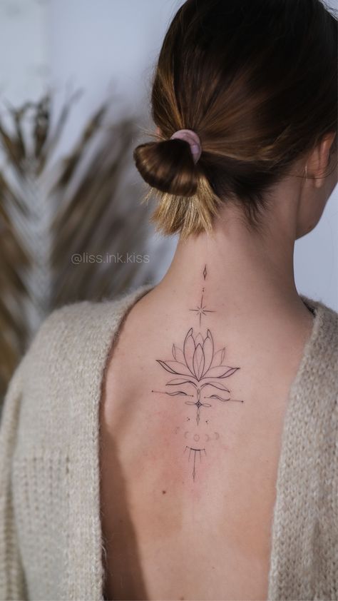 Back Lotus Tattoo Women, Lotus Flower Ornamental Tattoo, Lotus Flower Tattoo Spine, Lotus Tattoo For Women, Lotus Shoulder Tattoo, Back Tattoo Lotus, Back Lotus Tattoo, Lotus Ornamental Tattoo, Lotus Spine Tattoo