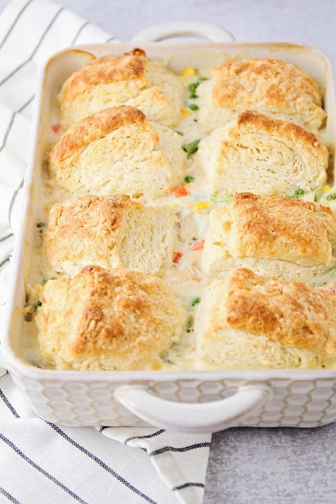 Biscuit Pot Pie - The Baker Upstairs Biscuit Pot Pie, Homemade Pot Pie, Honey Butter Biscuits, Buttermilk Chicken, Cooking Chicken To Shred, Pot Pies, Dinner Is Served, Biscuit Recipe, Casserole Dish