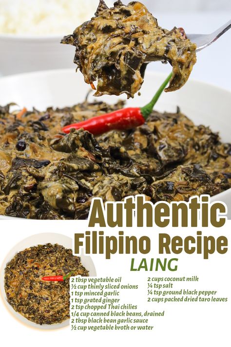 Try this vegan version of Bicolanos’ classic Laing recipe – a creamy and spicy dish made of dried taro leaves cooked with coconut milk, Thai chilies, and black beans. Serve this with a bowl of steamed rice and enjoy a healthy family lunch or dinner! Vegan Laing Recipe Filipino, Laing Recipe Filipino How To Make, Taro Leaves Recipes, Filipino Food Recipes Authentic, Easy Filipino Food, Filipino Seafood Recipes, Gulay Recipe Filipino Food, Laing Recipe Filipino, Filipino Recipes Authentic