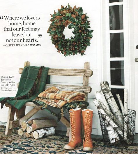 Common Ground: Vintage Inspiration Friday # 64: Snuggle Up Small Front Porches Designs, Front Porch Design Ideas, Veranda Design, Porch Design Ideas, Front Porch Design, Winter Porch, Rustic Bench, Country Living Magazine, Small Front Porches