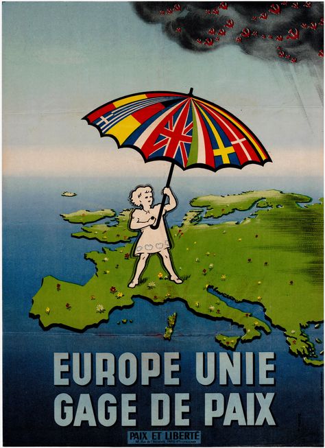 A simple-but-compelling propaganda poster, making a visual argument for western European unity as a bulwark against the Communist threat. The poster features a young woman astride a verdant Europe. Seeking protection from the looming storm clouds of Communism, she holds aloft an umbrella comprising the flags of western European nations (Surely it is no accident that … Anti Communism, Communist Propaganda, France Culture, Caricature Drawing, Propaganda Posters, Image Macro, Vintage Poster, Art Vintage, Vintage Posters