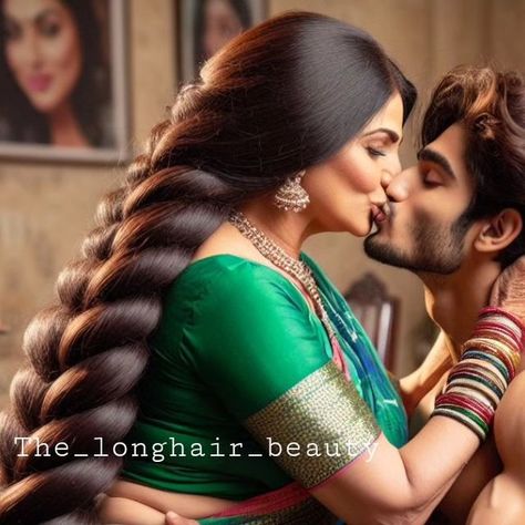 Natural Asian Beauty, Indian Long Hair Braid, Romantic Artwork, Kissing Quotes, Big Bun Hair, Long Hair Ponytail, Indian Natural Beauty, Indian Art Gallery, Fantasy Couples