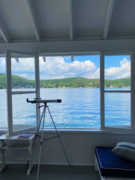 #mountain #lake #window #bigwindow #aesthetic #water #telescope #summer #travel #airbnb #home #homedecor #boating Lake View From Window, View From Window, Aesthetic Water, Big Windows, Air B And B, Mountain Lake, Life Path, Lake View, Summer Travel