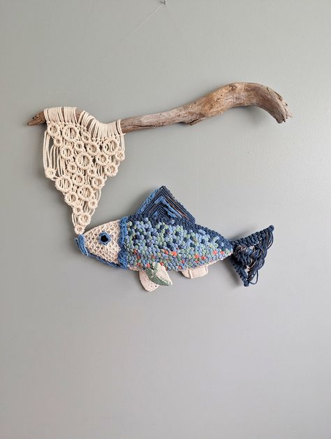 Macrame Dragon, Macrame Fish, Blue Scales, Driftwood Macrame, Gift For Fisherman, 3d Fish, Marine Decor, Macrame Tutorials, Fish Decor