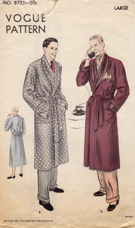 A Few Threads Loose: The Super-Secret Christmas Robe from 1951 1950s Vogue, Vintage Vogue Patterns, Bathrobe Men, Vogue Men, Mens Sleepwear, Vintage Mens Fashion, Vogue Sewing Patterns, Vogue Pattern, Vogue Patterns