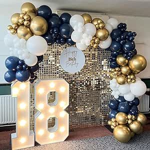 Blue Gold Birthday Decor, Blue Gold Theme Party, Navy Blue And Gold Balloon Arch, Navy Blue 18th Birthday Party Ideas, Navy Blue And Gold Balloon Garland, Blue White And Gold Birthday Decorations, Navy Blue Party Ideas, Black And Blue Themed Birthday Party, Blue 40th Birthday Party Ideas