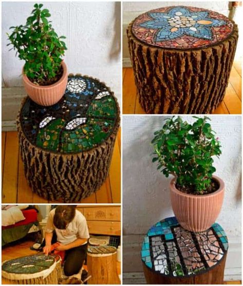 Beautiful Way of Reusing Old Wood Logs With Ceramics Into Stools • Recyclart Rock Mosaics, Log Stools, Tree Stump Table, Wood Stumps, Ceramic Stool, English Decor, Wood Mosaic, Upcycled Art, Mosaic Ideas