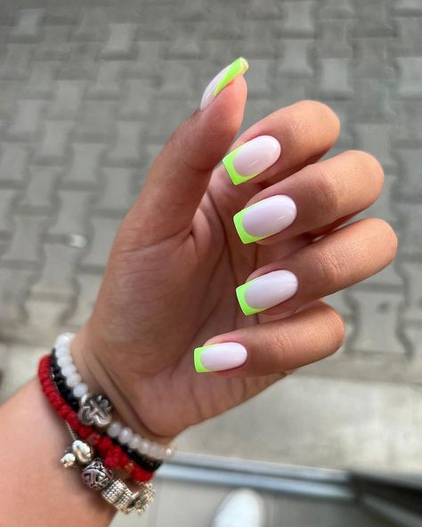 65 Prettiest Summer Nails to Inspire You White Nails Neon Design, Milky Neon Nails, Neon Yellow And White Nails, White And Neon Yellow Nails, White And Neon Green Nails, White Nails With Neon Design, Neon Green And Blue Nails, White And Neon Nails, Hot Summer Nails Neon