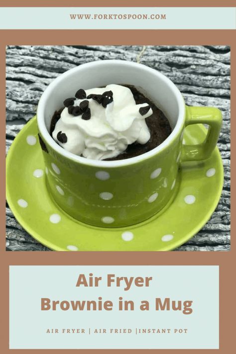 This is one of my favorite go-to recipes, for a late-night snack. I have been making it for years in my microwave and then when I got my air fryer, I tried it and it was even better. This is such an easy recipe for Air Fryer Brownie in A Mug. Now, if you are looking for some recipes for one, or even two, I promise, I will have a lot more in the next couple of months. I know a lot of you purchased an air fryer because you only have you or you and a spouse to cook for. Cake Mix Mug Cake, Air Fryer Chocolate Cake, Mug Desserts, Air Fryer Dessert, Fried Dessert, Brownie In A Mug, Big Chocolate, Molten Lava Cakes, Cake Fork