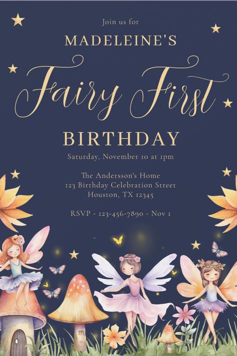 Magical fairy first birthday party invites featuring adorable woodland fairies. 1st birthday party invites for girls. afflink Fairy Woodland Birthday Party, First Birthday Girl Invitations, Fairy First Birthday Party, First Birthday Party Invitations, Woodland Fairies, Woodland Birthday Party, Woodland Birthday, 1st Birthday Invitation, Magical Fairy