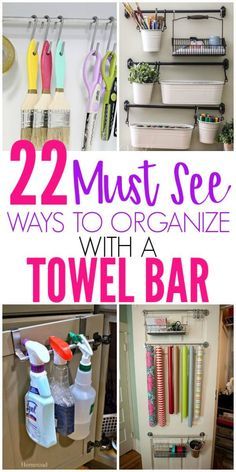 Have you ever seen these organizing hacks you can do with a towel bar? Who knew you could organize cleaning supplies by hanging them on a towel bar. Or organize wrapping paper! These towel bar organizing ideas are the the most genius way to organize the home! Check out these organizing hacks here! #organizingideas #organizinghacks #towelbarorganization #organizingtips #towelbar #cleaningsuppliesorganization Bar Organization, Organize Crafts, Bathroom Organization Shelves, Diy Organizer, Cricut Supplies, Perfectly Organized, Towel Organization, Organizing Hacks, Organisation Hacks