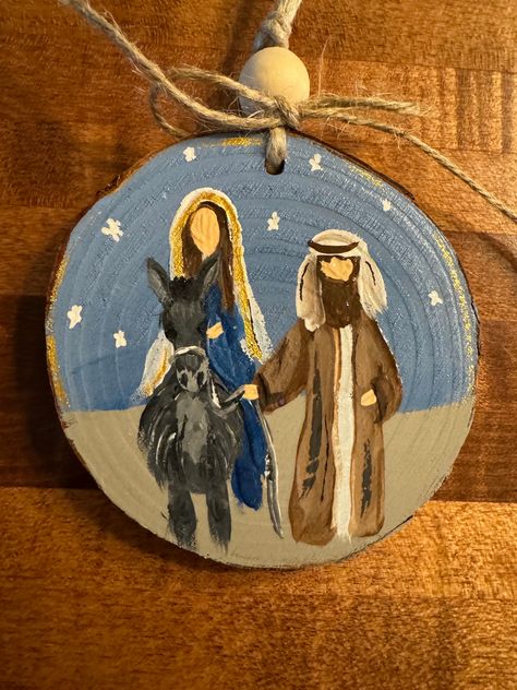 Mary And Joseph, Painted Christmas Ornaments, Nativity Ornaments, Wood Slice Ornament, Wood Christmas Ornaments, Wood Painting, Painted Ornaments, Hand Painted Ornaments, Christmas Ornament Crafts