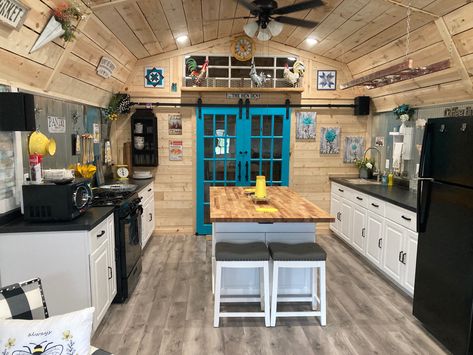 She Shed Kitchen Ideas, She Shed Kitchen, Shed Kitchen Ideas, Tiny Classroom, Shed Kitchen, Shed To Tiny House, Summer Kitchen, Cottage Ideas, Bee Theme