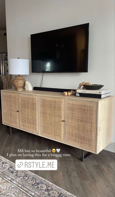 Media Console Styling Minimalist, Styled Entertainment Center, Neutral Tv Console Decor, Modern Entertainment Center Decor, Tv Console Decorating Ideas Modern, Under The Tv Ideas, Organic Modern Tv Console, Entertainment Center Ideas Apartment, Organic Modern Tv Stand