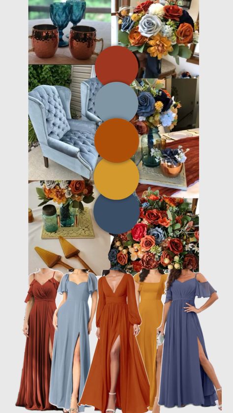 Burnt orange, rust, terracotta, and dusty blue Fall Colors Wedding October Orange And Dusty Blue Wedding, Dusty Blue And Terracotta Wedding, Blue And Terracotta Wedding, October Wedding Colors, Blue And Terracotta, Wedding Color Scheme, Terracotta Wedding, Dusty Blue Wedding, Dusty Blue Weddings