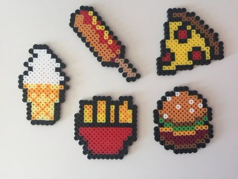 Fast Food: Hamburger, Fries, Pizza, Corn Dog, Ice Cream Perler Bead Perler Bead Designs, Perler Beads Ideas, Hamma Beads Ideas, Easy Perler Bead Patterns, Melty Bead Patterns, Pearl Beads Pattern, Easy Perler Beads Ideas, Corn Dog, Fuse Bead Patterns