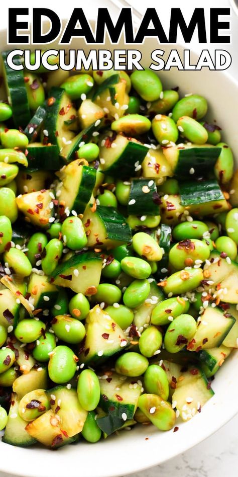 Easy Japanese Edamame Salad - Sims Home Kitchen Cucumber And Edamame Salad, Salad With Edamame Healthy Recipes, Pasta Salad With Edamame, Pasta With Edamame, Edamame And Cucumber Salad, Edamame Pasta Salad, Meals With Edamame, Edamame Bowl Recipe, Edamame Beans Recipes