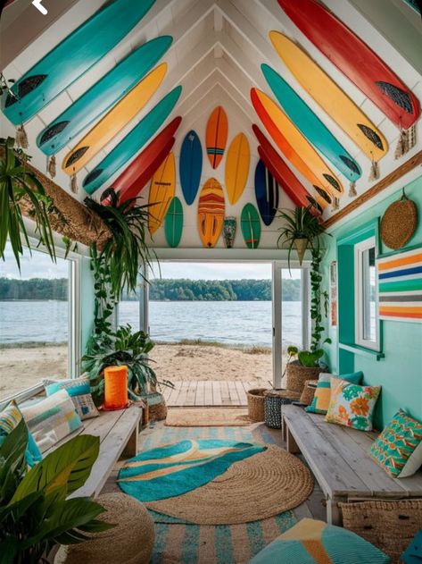 Beach Cabin Interior, Beach Design Ideas, Beach Shack Interior, Lake House Decorating Ideas, Lake House Decorating, Colorful Beach House Decor, Hawaiian Bedroom, Seaside Cottage Decor, Tropical Cottage