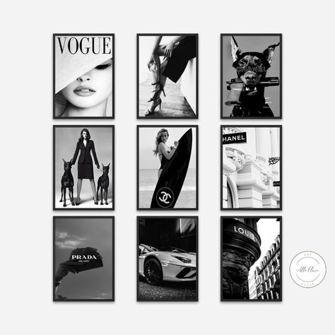 Chanel Aesthetic Room Decor, Black And White Rich Aesthetic, Black And White Picture Frames, Black And White Room Decor, Black And White Luxury, Black White Prints, Digital Picture Frames, Luxury Wall Art, Feminine Wall Art