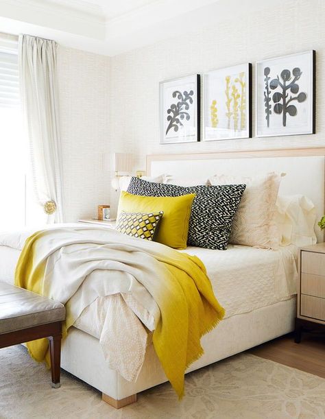 The homeowners originally wanted a more monochrome bedroom, but pops of chartreuse did the trick. | Photographer: Virginia Macdonald | Designer Colette van den Thillart Monochrome Bedroom, Floral Bedroom, Outdoor Dining Room, Yellow Room, Yellow Decor, Yellow Bedroom, Small Room, Living Room Seating, Best Interior