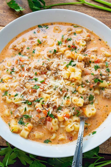 Creamy Parmesan Italian Sausage Soup Easy Week Day Lunches, Cheesy Italian Sausage Soup, Crock Pot Meals That Can Cook All Day, Dinners Husband Will Love, No Bean Soup Recipes, Soup Recipes For Summer, Chicken Recipes Cold Weather, Razoos Recipes Dishes, Cheap Fall Meals On A Budget