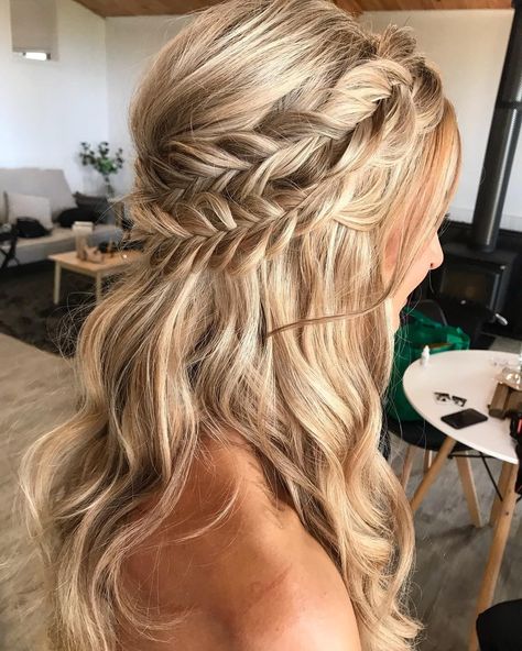 Fishtail Braid Half Updo Down Hoco Hairstyles, Hairstyles For Hoco, Bridemaids Hairstyles, Braided Half Updo, Wedding Hair Half, Bridesmaid Hair Long, Half Up Half Down Hairstyles, Hoco Hairstyles, Bohemian Hairstyles