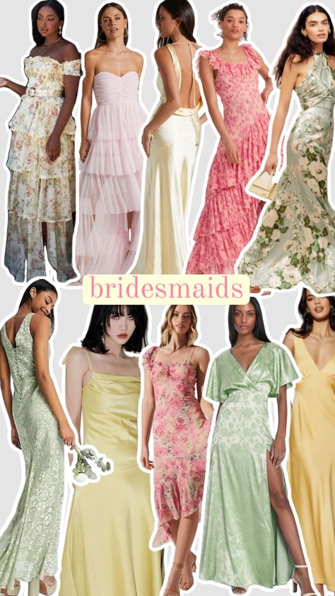 bridesmaid inspo #mismatchedbridesmaiddresses #wedding #bridal #bridesmaids #green #pink #yellow Bridesmaids Green, Swedish Wedding, Spring Bridesmaid Dresses, 27 Dresses, Mismatched Bridesmaid Dresses, Green Bridesmaid, Guest Attire, Cute Prom Dresses, Garden Party Wedding