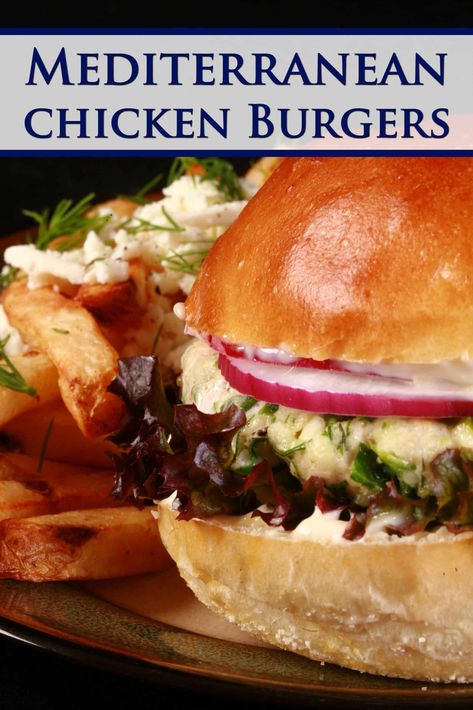 Mediterranean Chicken Burgers Mediterranean Diet Chicken, Mediterranean Burger, Mediterranean Diet Recipes Dinners, Chicken Burgers Recipe, Mediterranean Diet Meal Plan, Chicken Burger, Chicken Patties, Mediterranean Chicken, Blue Text