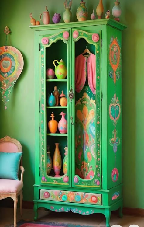 Funky Painted Furniture Bohemian, Floating Nightstand Ideas, Funky Eclectic Decor, Eclectic Decor Inspiration, Modern Floating Nightstand, Painted China Cabinets, Funky Living Rooms, Nightstand Ideas, Whimsical Painted Furniture